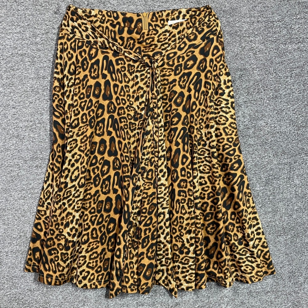Belle Poque Skirt Medium Leopard Print Midi Brown Black Animal A-Line Tie Front